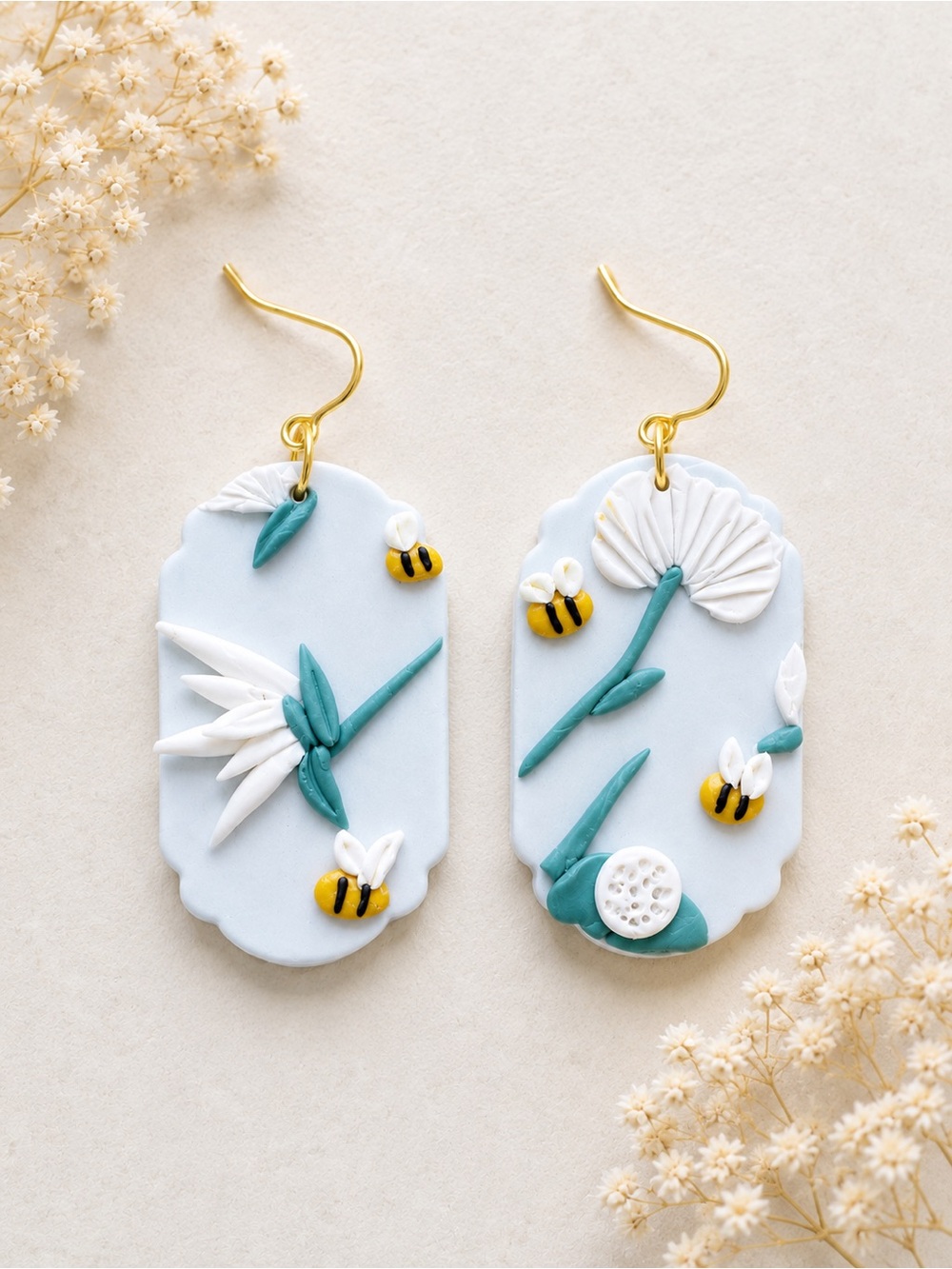 Handmade Floral & Bee Polymer Clay Earrings in Pale Blue